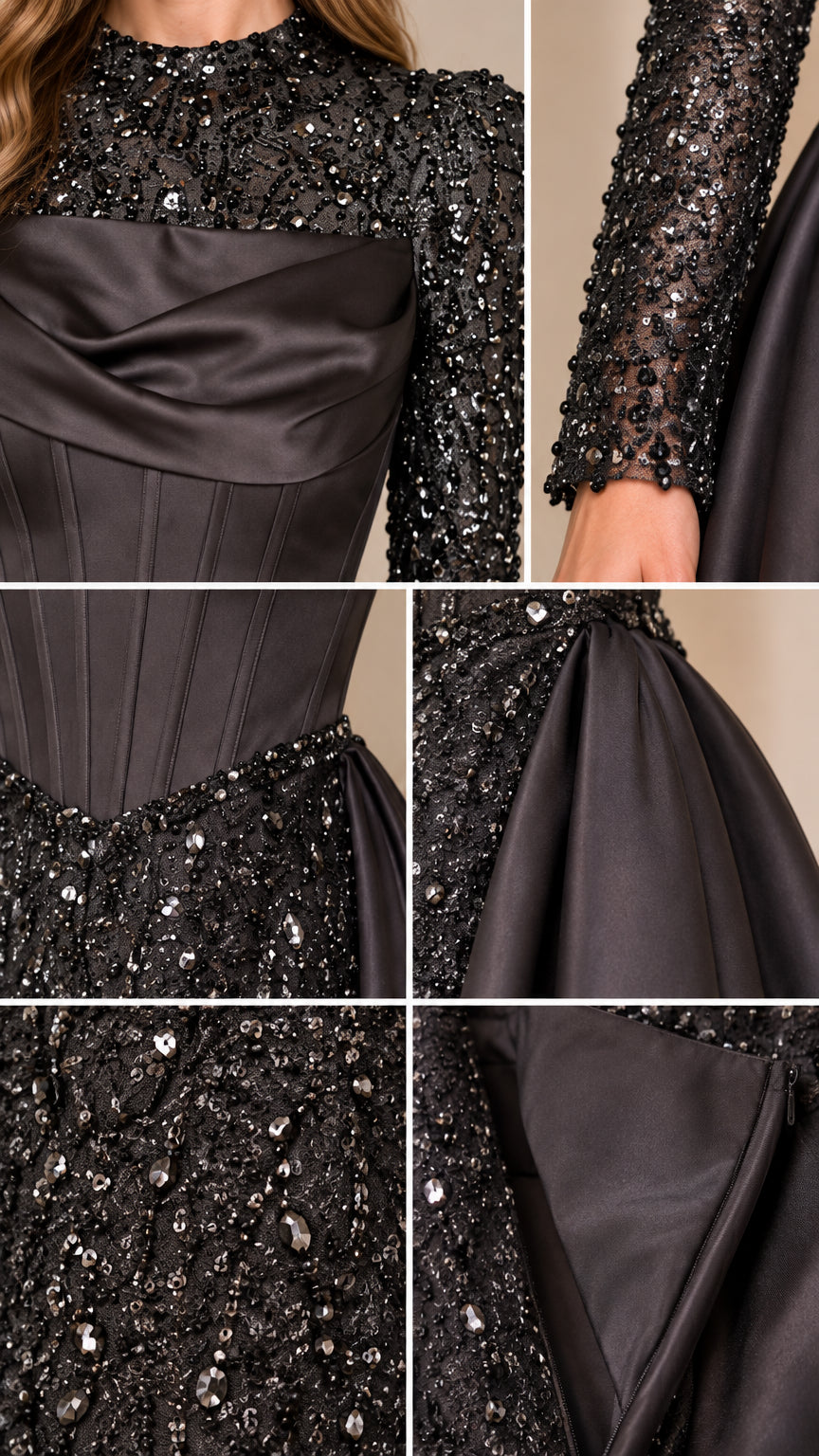 Close-up detail shots showing sequin neckline, sleeve, and satin boned waistline