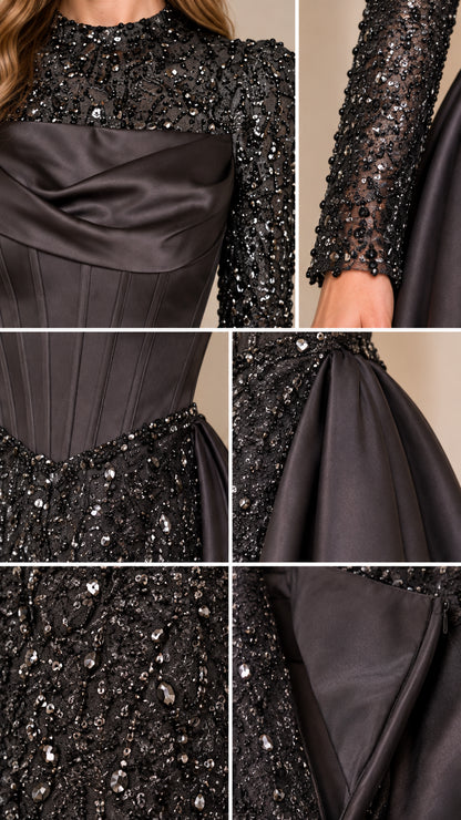 Close-up detail shots showing sequin neckline, sleeve, and satin boned waistline