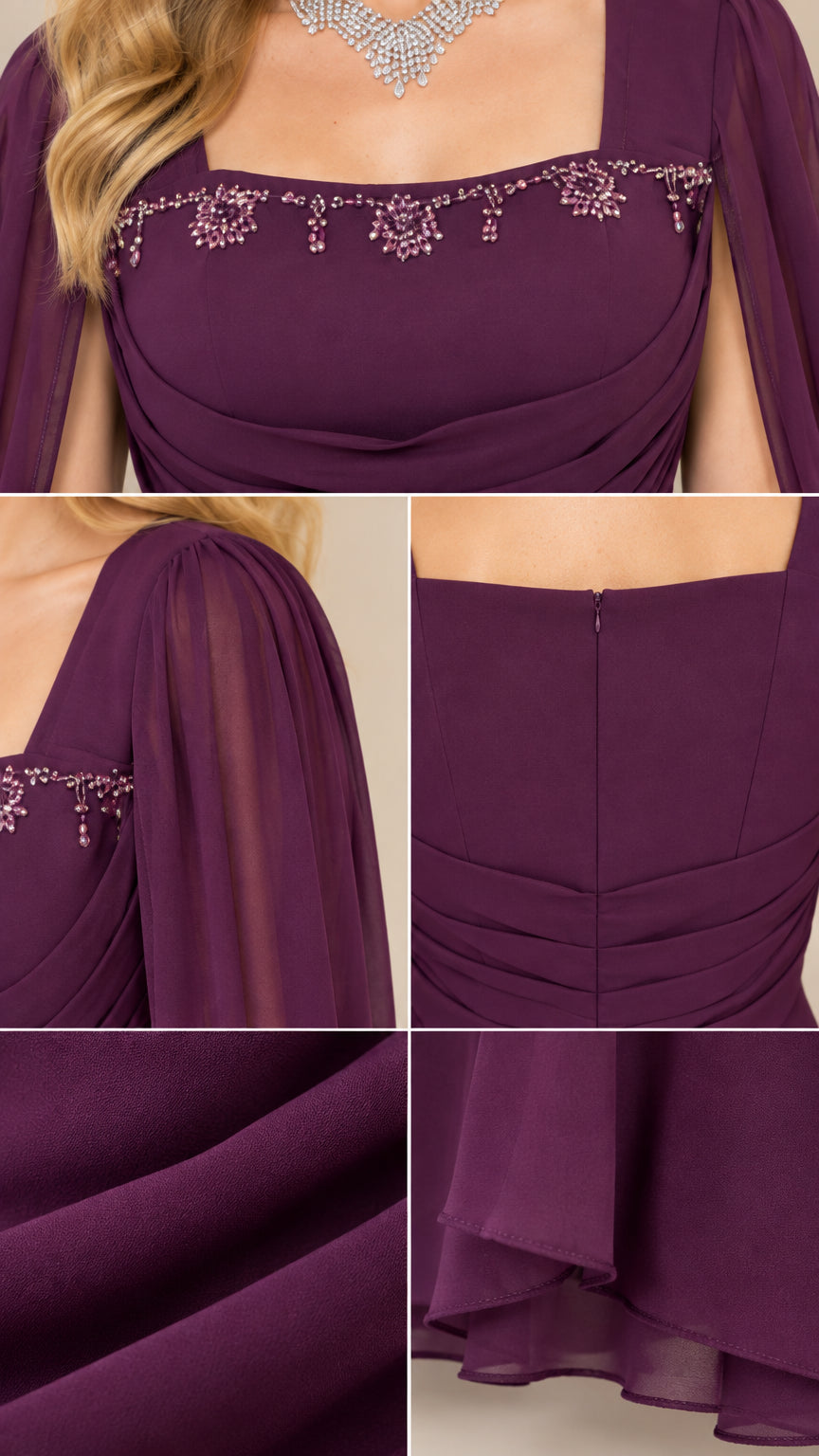 Close-up detail collage of beaded neckline, gathered cape shoulder, zip back, and chiffon fabric