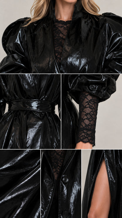 Close-up details of glossy faux leather fabric, lace sleeve cuffs, and front slit