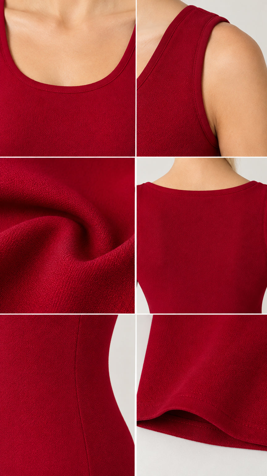 Close-up details of scoop neckline, knit fabric texture, and hem stitching on Burgundy dress