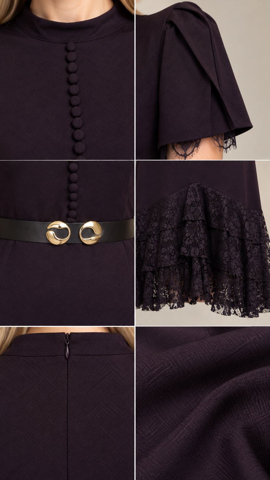 Close-up details of neckline buttons, sleeve lace, belt buckle, zipper, and fabric texture