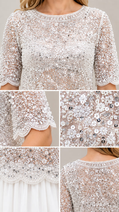 Close-up details of sequin embroidery, beaded trim, and scalloped edges
