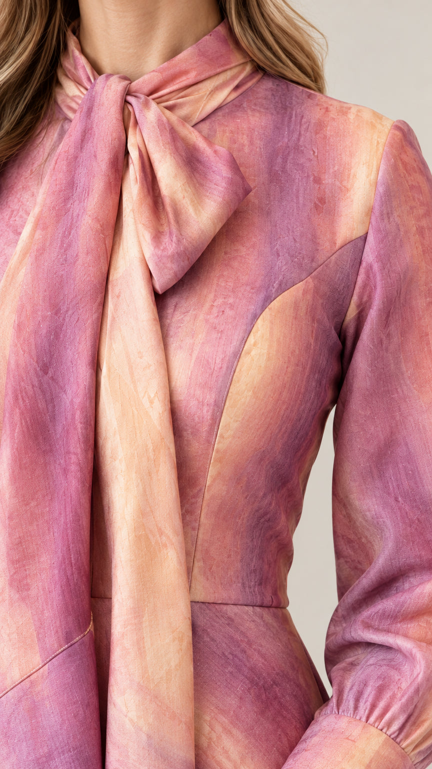 Close-up detail of Blush Pink tie-neck bow and textured watercolor wash fabric