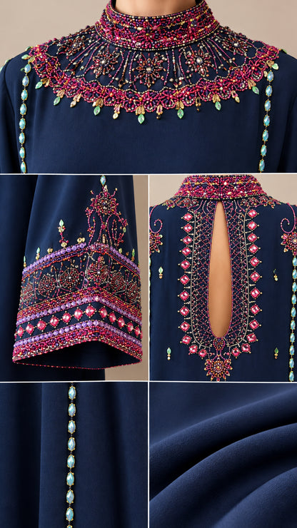 Close-up collage of beaded neckline, sleeve embroidery, and smooth fabric texture