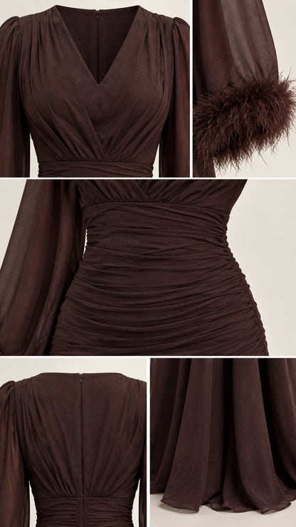 Close-up details of neckline pleating, ruched bodice, feather-trimmed cuff, and back zip