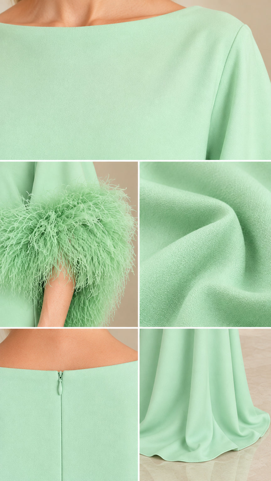 Close-up details of mint green dress showing neckline, feather cuffs, fabric texture, and zipper
