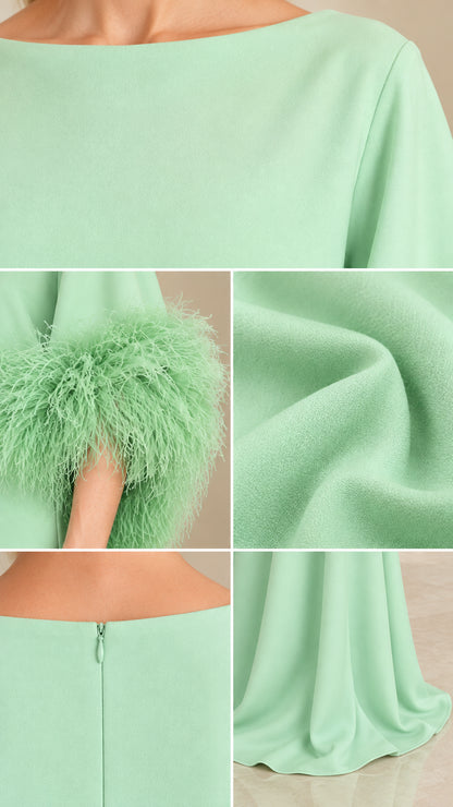 Close-up details of mint green dress showing neckline, feather cuffs, fabric texture, and zipper