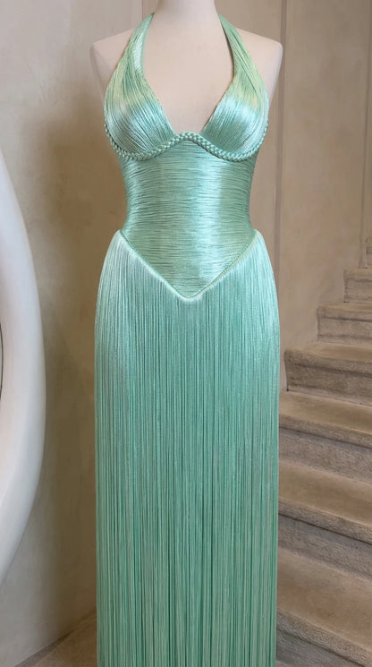 Close-up mannequin view of mint green halter corset bodice with fine fringe