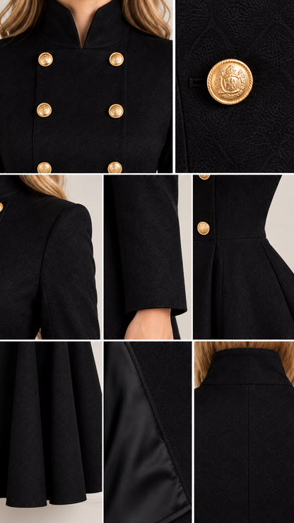 Close-up details of black maxi coat highlighting embossed gold buttons and stand collar