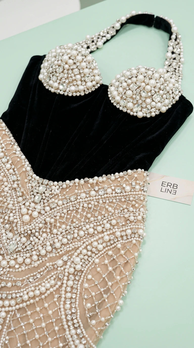 Close-up flat lay of pearl beaded sweetheart cups and corset bodice detail
