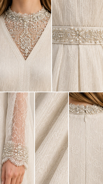 Close-up details of beaded neckline, waist trim, lace cuff, and textured fabric