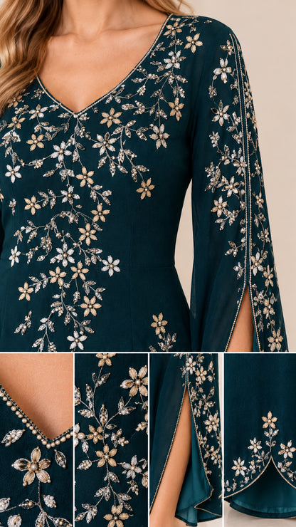 Close-up detail of floral metallic embroidery, V-neckline, and slit sleeve construction
