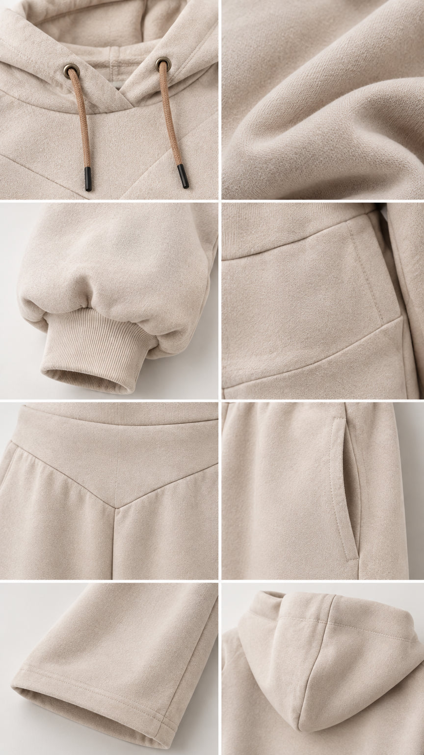 Close-up details of hood drawstring, fabric texture, sleeve cuffs, and pockets
