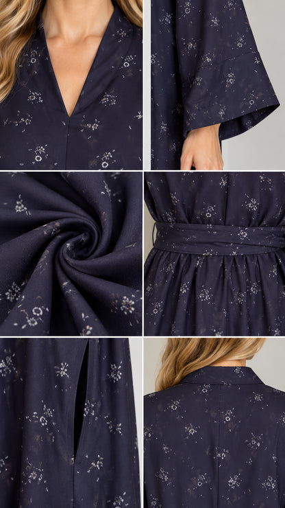 Detailed close-ups of neckline, cuffs, fabric texture, sash belt, and pocket