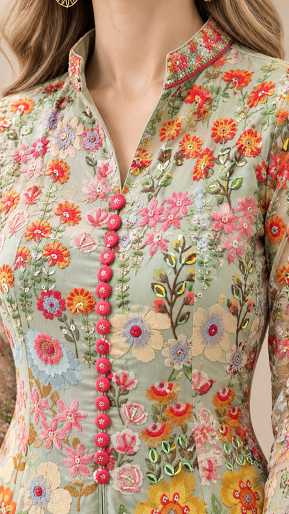 Close-up detail of mandarin neckline, covered buttons, and floral embroidery pattern on sage green dress