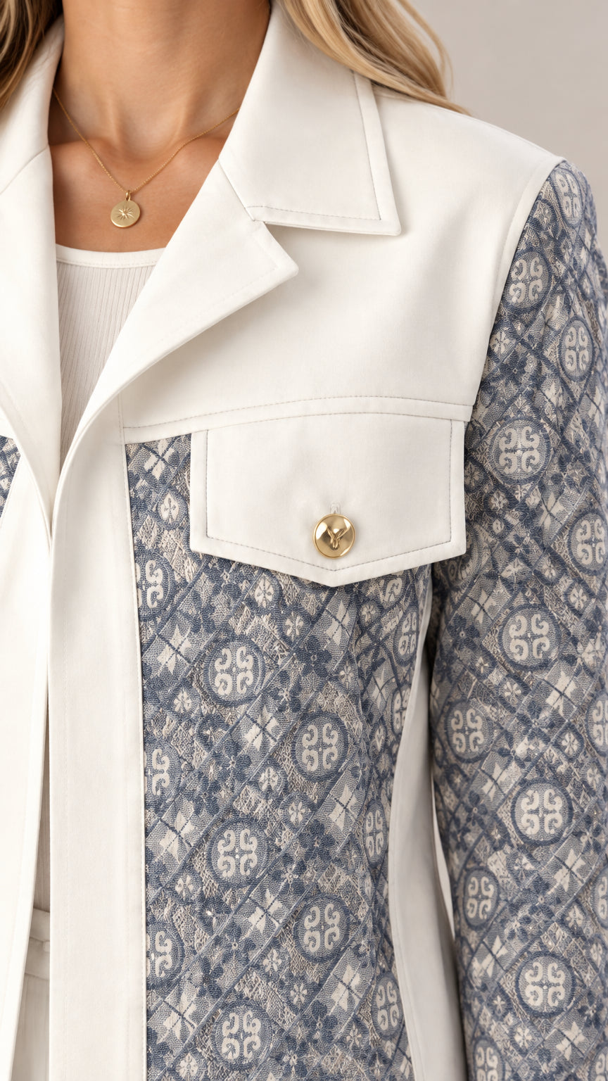 Close-up detail of notched lapel, gold button pocket, and patterned jacquard fabric