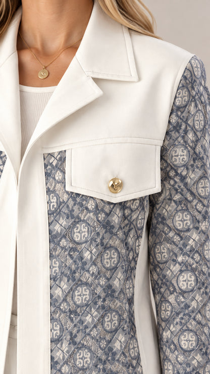 Close-up detail of notched lapel, gold button pocket, and patterned jacquard fabric