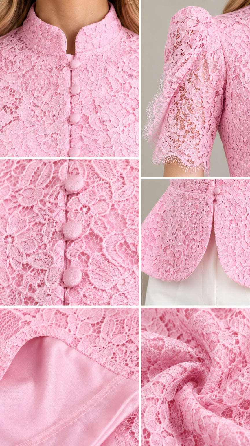 Detailed close-ups of lace texture, mandarin collar, covered buttons, and smooth lining