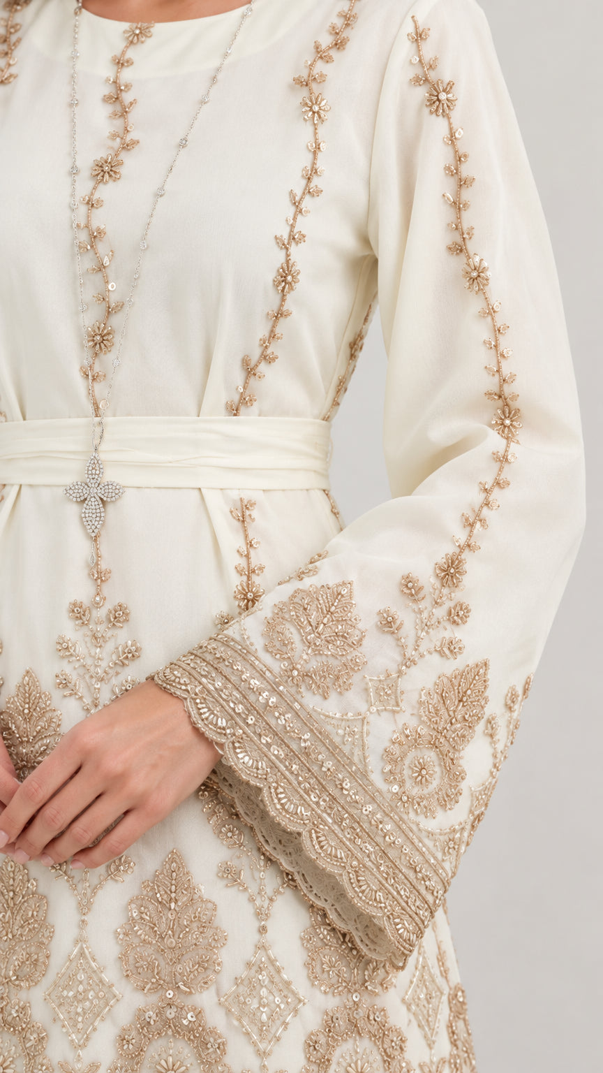 Close-up detail of ornate gold-tone embroidery, pendant embellishment, and bell cuff on ivory tunic