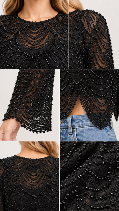 Close-up details of beaded scallop neckline, cuffs, hem, and textured fabric