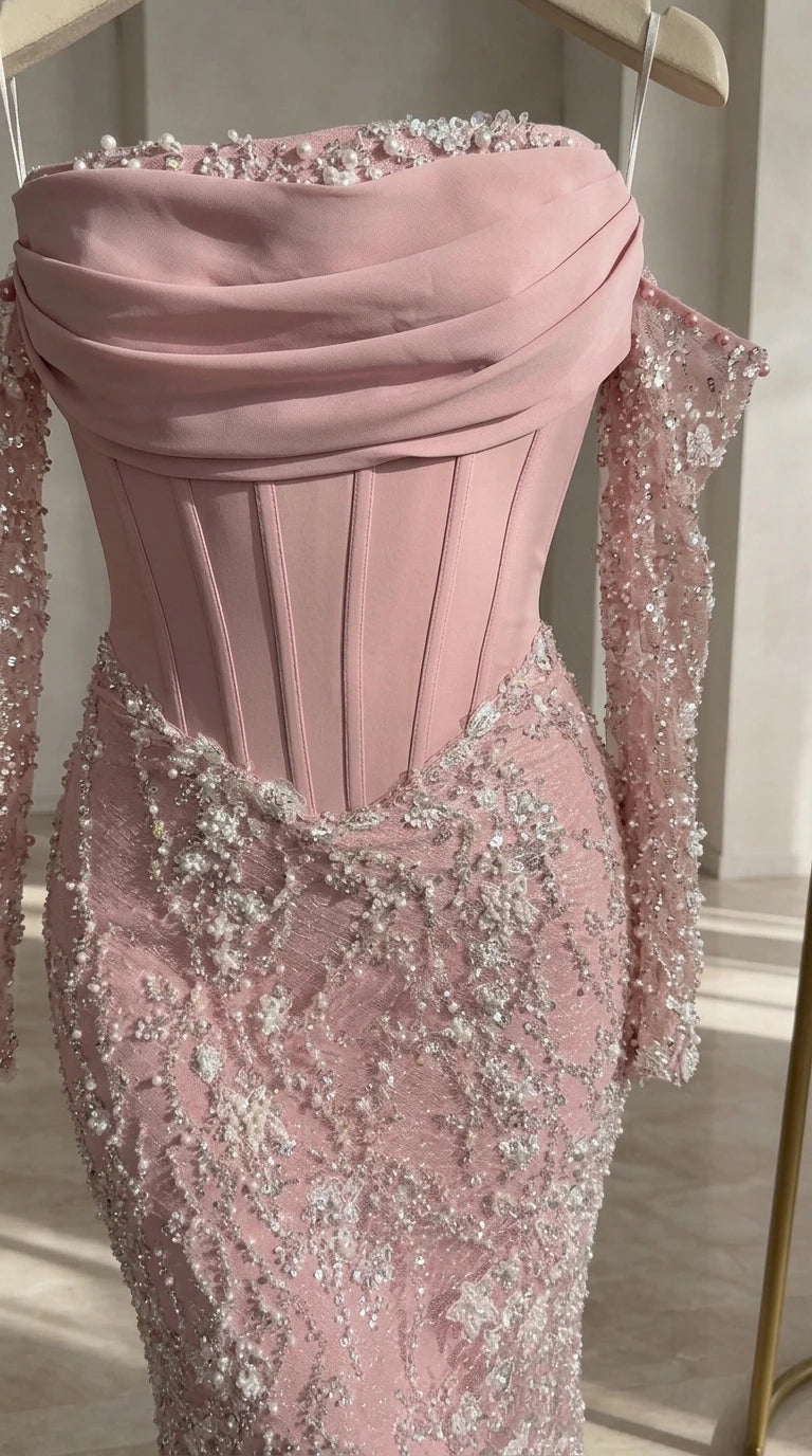 Close-up detail of Dusty Pink corset boning and crystal bead-trimmed cowl neckline