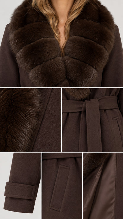 Detailed close-up of faux fur collar, belt, pocket, and interior lining