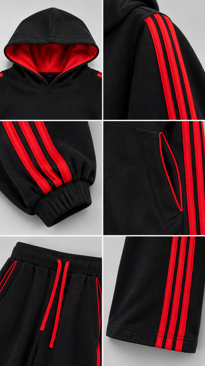 Detailed close-up collage of hood interior, cuff stripes, drawstring waist, and pockets