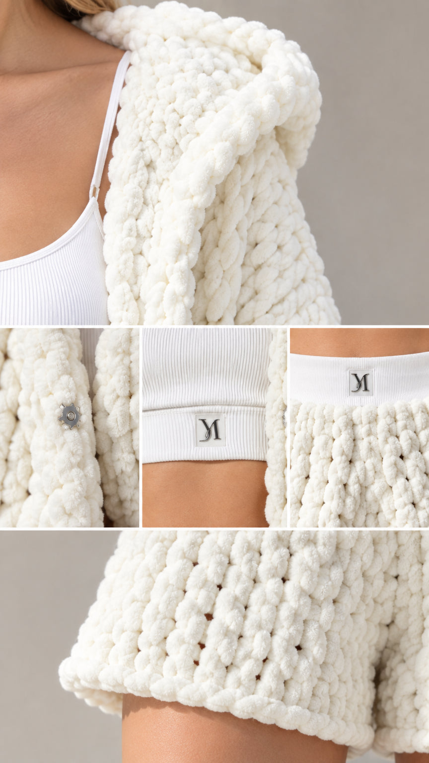 Detailed close-up of chunky knit texture, waistband, and hooded cardigan design