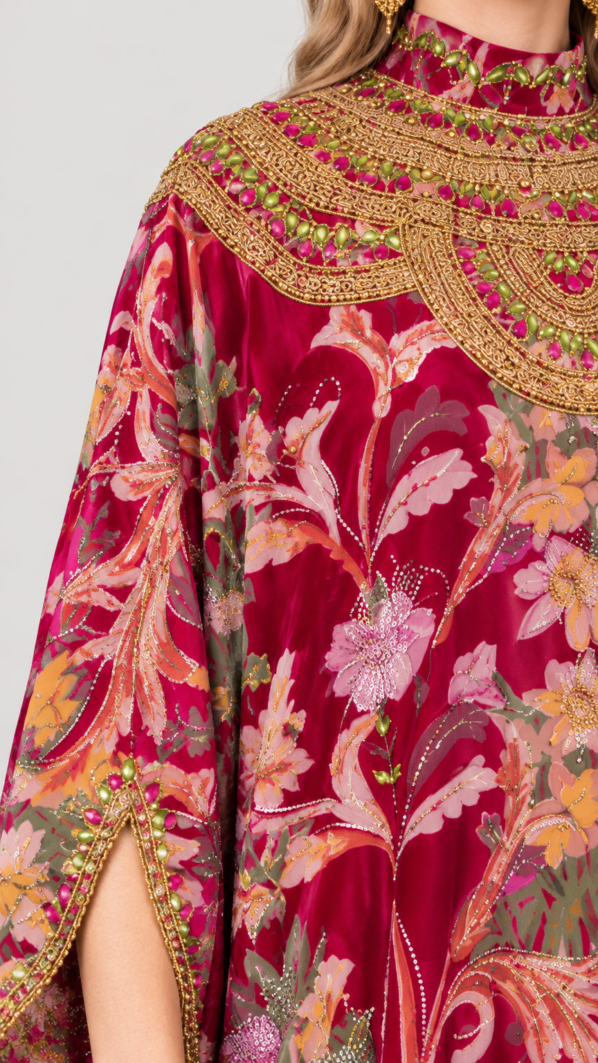 Close-up detail of gold embroidery, beadwork, and sleeve cuff slits on Berry Red floral kaftan