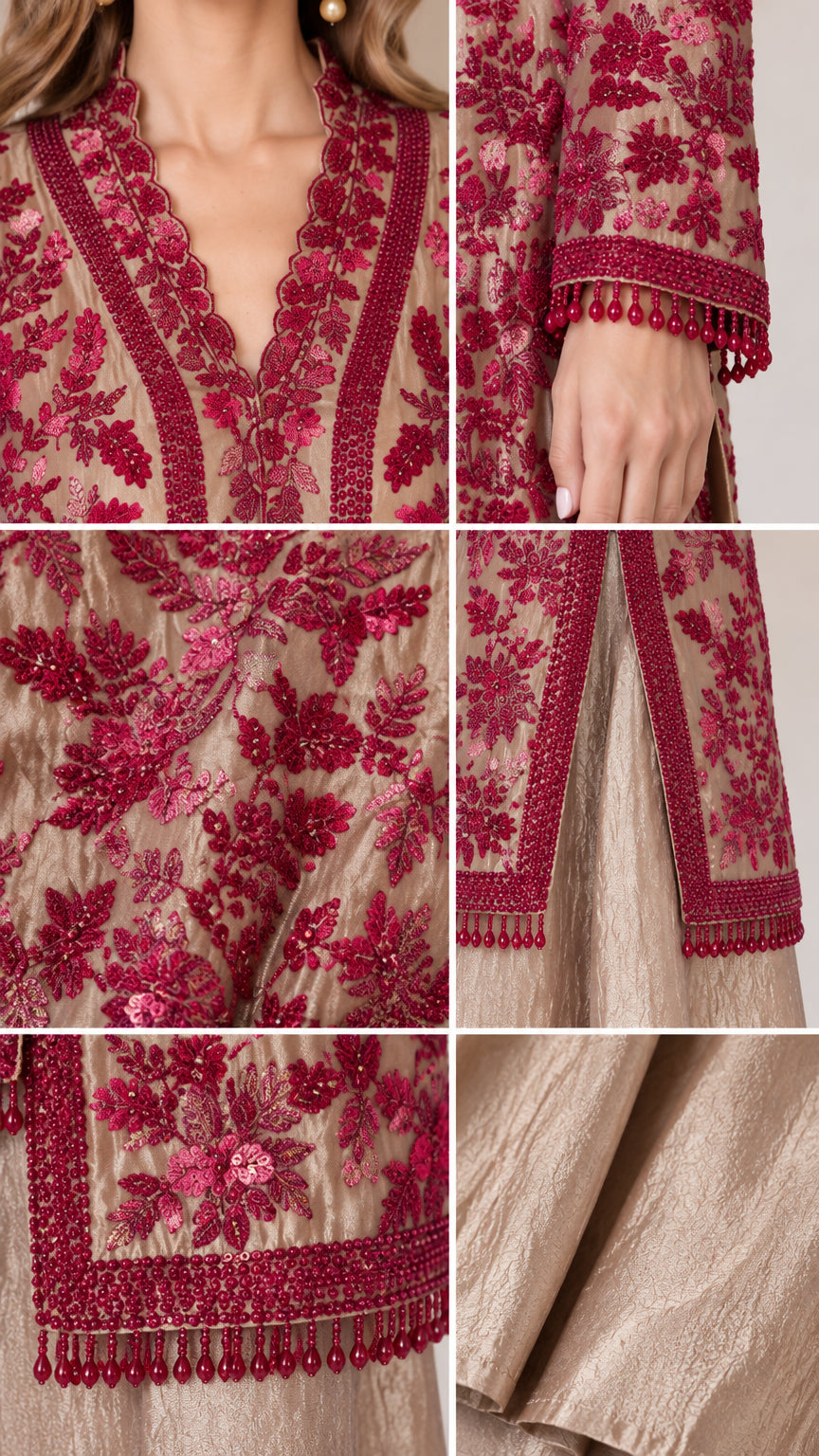 Close-up details of scalloped V-neck embroidery and beaded fringe trims