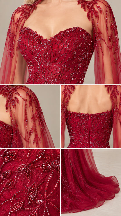 Detailed close-up of intricate beading, sweetheart neckline, and tulle cape shoulders