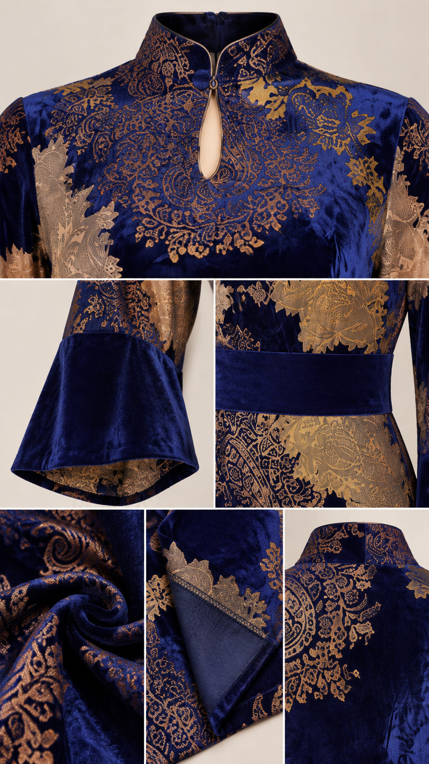 Close-up details of collar, keyhole neckline, bell sleeve cuff, and jacquard velvet fabric