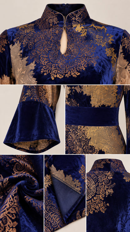 Close-up details of collar, keyhole neckline, bell sleeve cuff, and jacquard velvet fabric