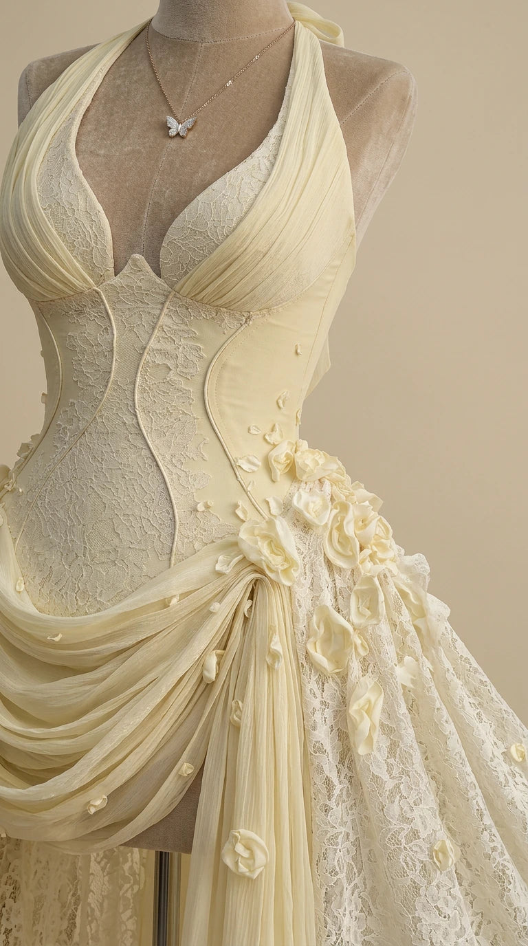 Close-up detail of Champagne corset bodice with floral appliqués and boning