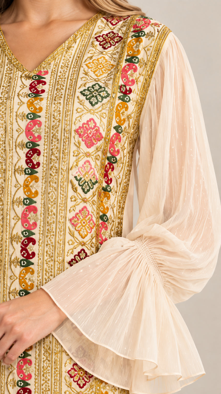 Close-up of colorful embroidered-style front panel and flared sleeve