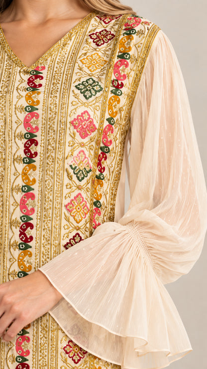 Close-up of colorful embroidered-style front panel and flared sleeve