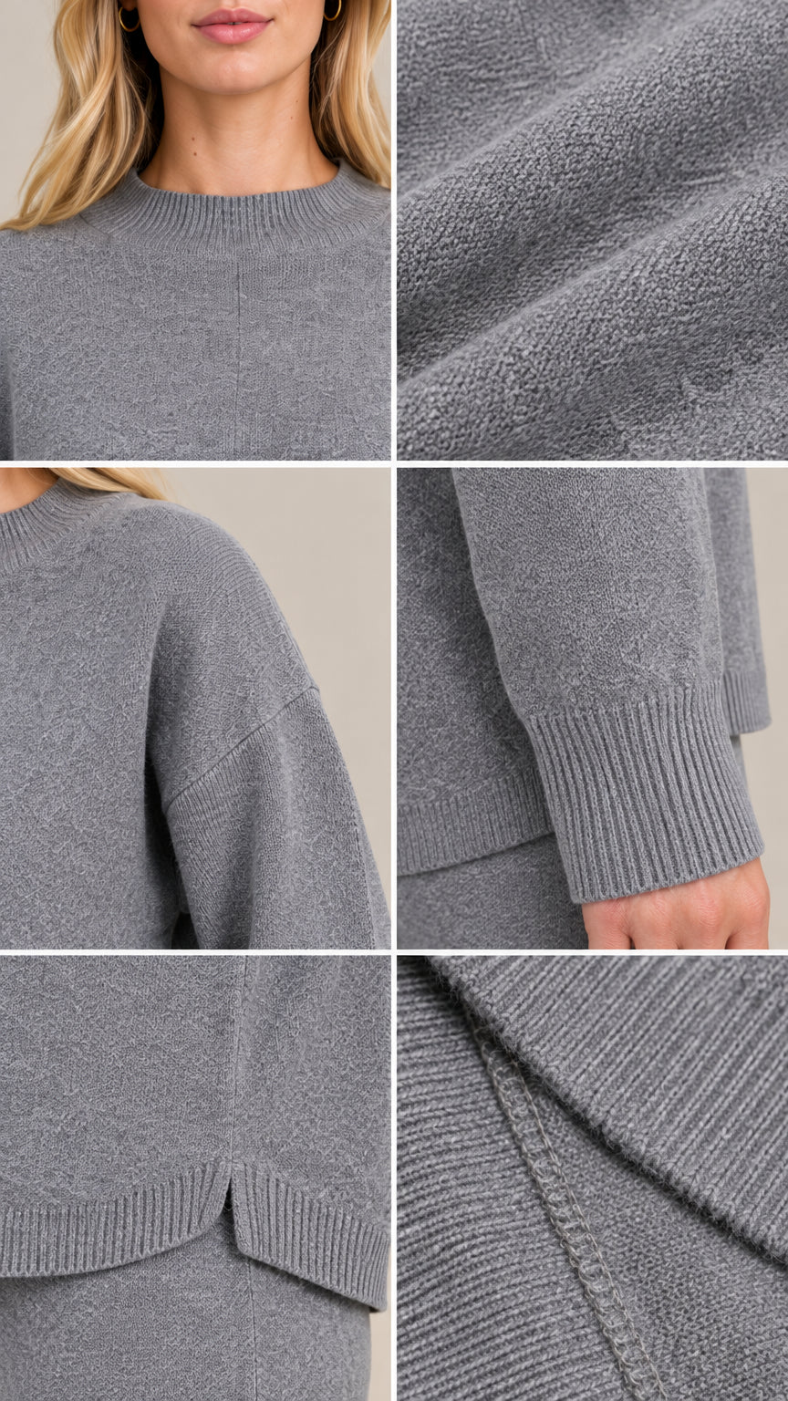 Close-up details of ribbed crewneck, knit fabric texture, and side slit hem