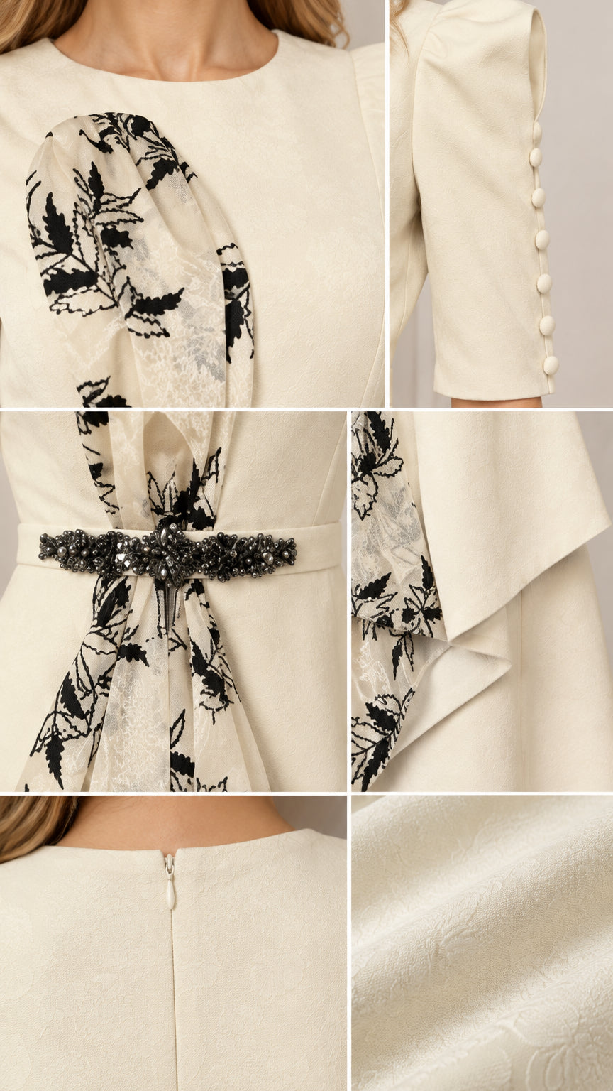 Close up details of floral embroidery, sleeve buttons, and beaded waist accent