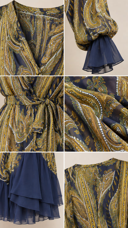 Close-up details of paisley pattern, tie belt, cuff ruffles, and tiered hem