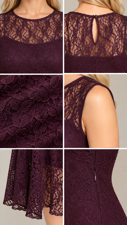 Close-up details of plum lace fabric, illusion neckline, keyhole, and side zip