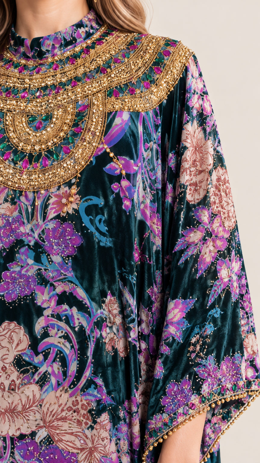 Close-up detail of gold-beaded neckline and sleeve trim on Teal velvet kaftan dress