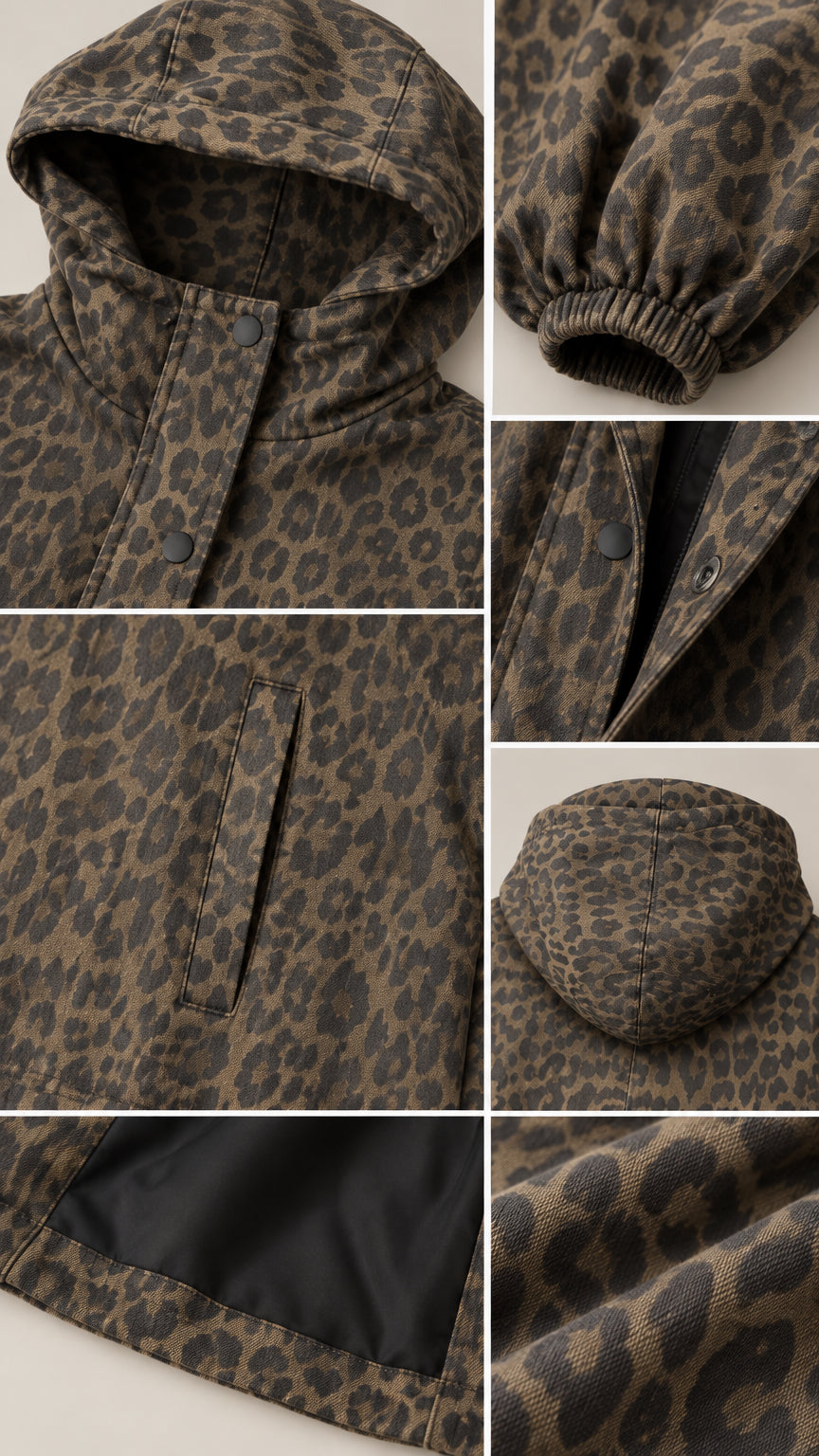 Close-up details of leopard print hooded jacket showing hood, snap placket, elastic cuffs, and inner lining