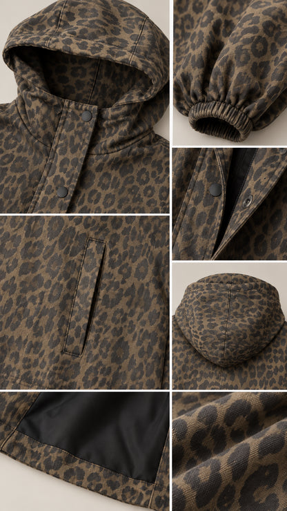 Close-up details of leopard print hooded jacket showing hood, snap placket, elastic cuffs, and inner lining