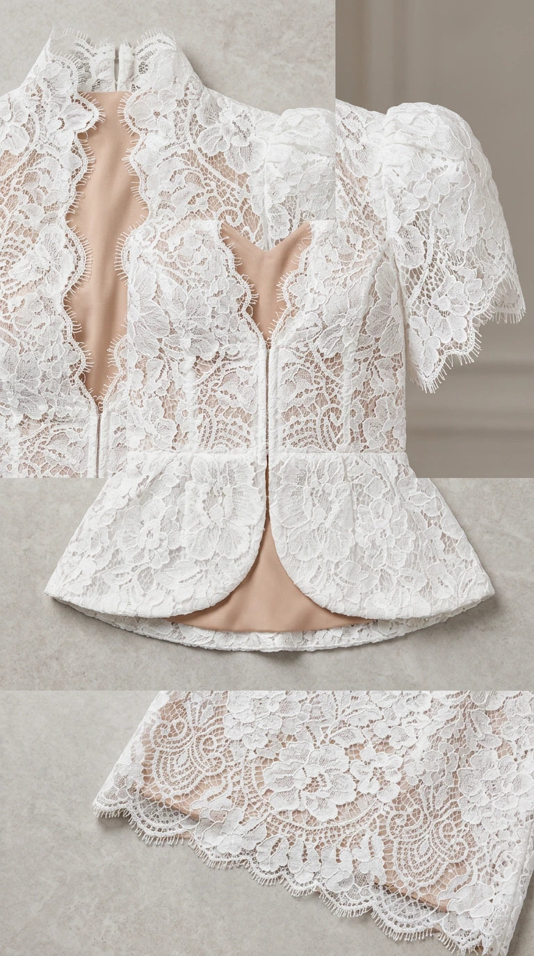 Close up of white floral lace fabric, peplum waist detail, and lining craftsmanship
