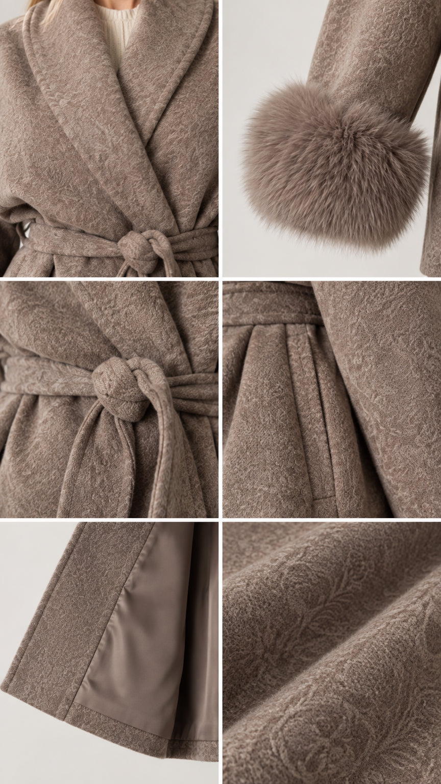 Detailed close-ups of shawl lapel, faux fur cuffs, tie belt, pockets, and fabric texture