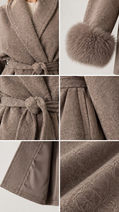 Detailed close-ups of shawl lapel, faux fur cuffs, tie belt, pockets, and fabric texture