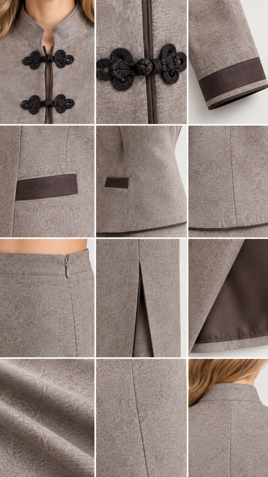 Detailed Close-Up of Frog Knot Closures, Cuffs, Seams, and Skirt Slit