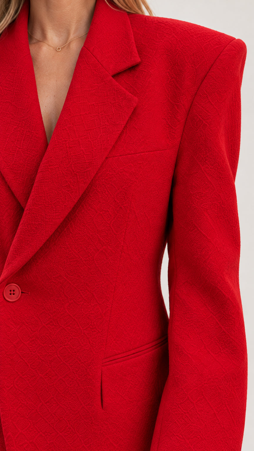 Close up of textured fabric and lapel details on red blazer dress