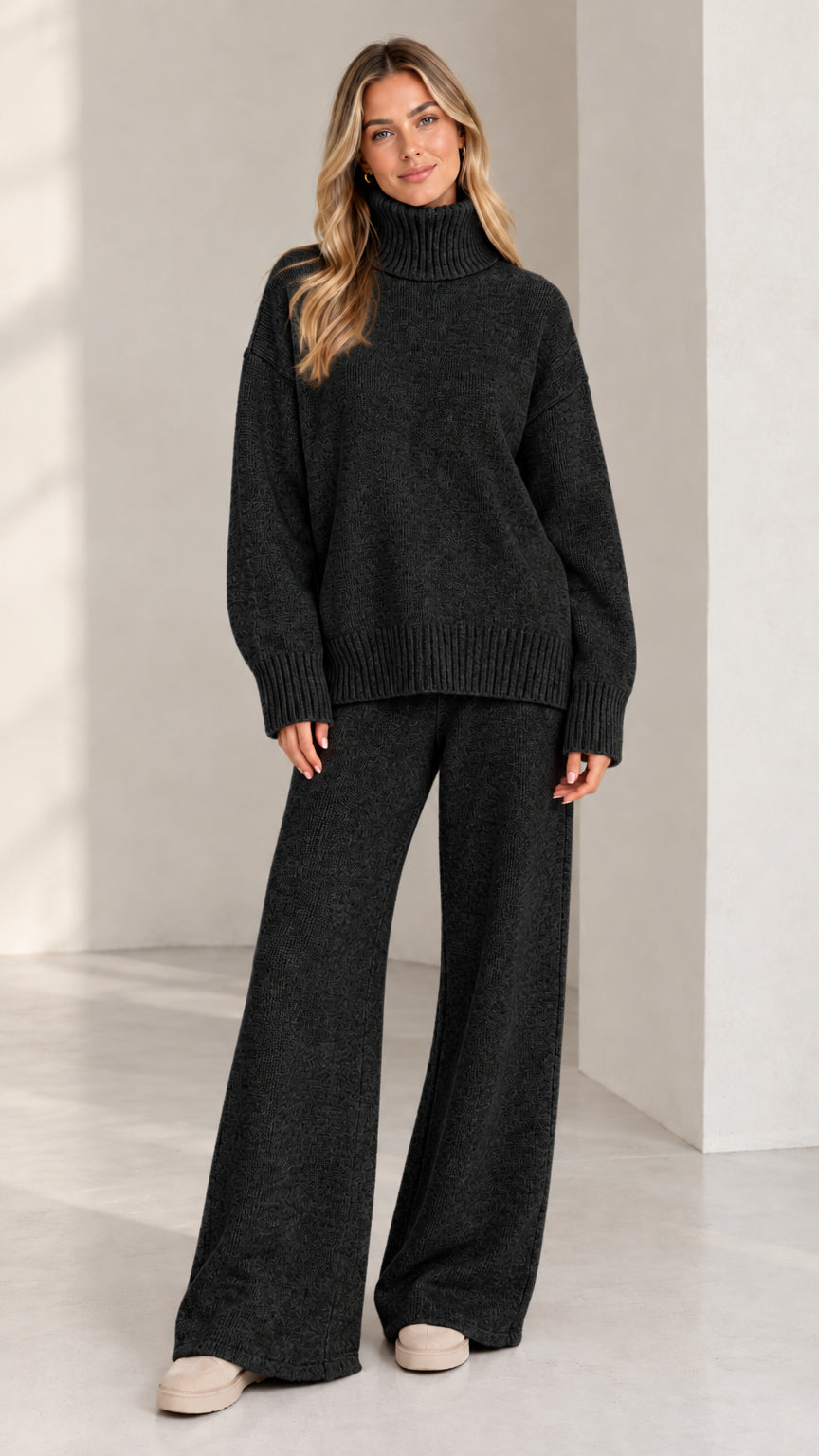 Women's charcoal black turtleneck knit sweater and matching wide leg pants set
